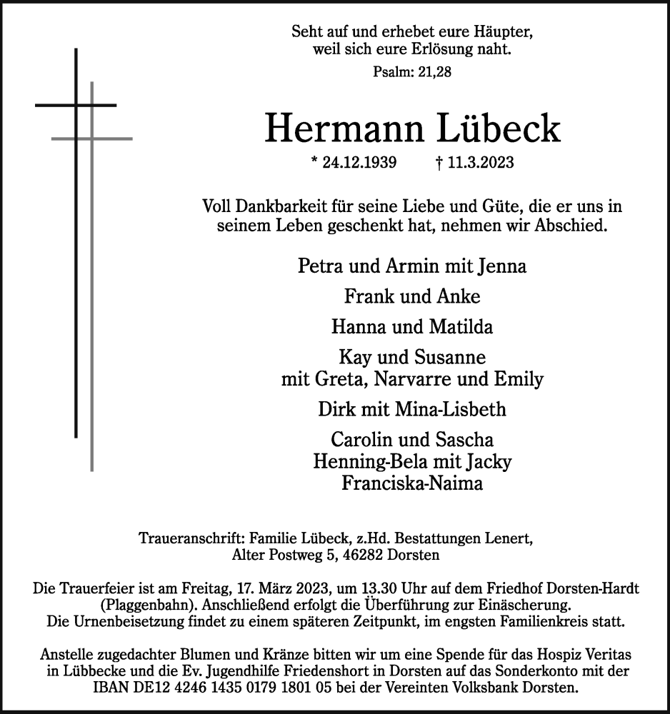  Traueranzeige für Hermann Lübeck vom 15.03.2023 aus Westfalen-Blatt