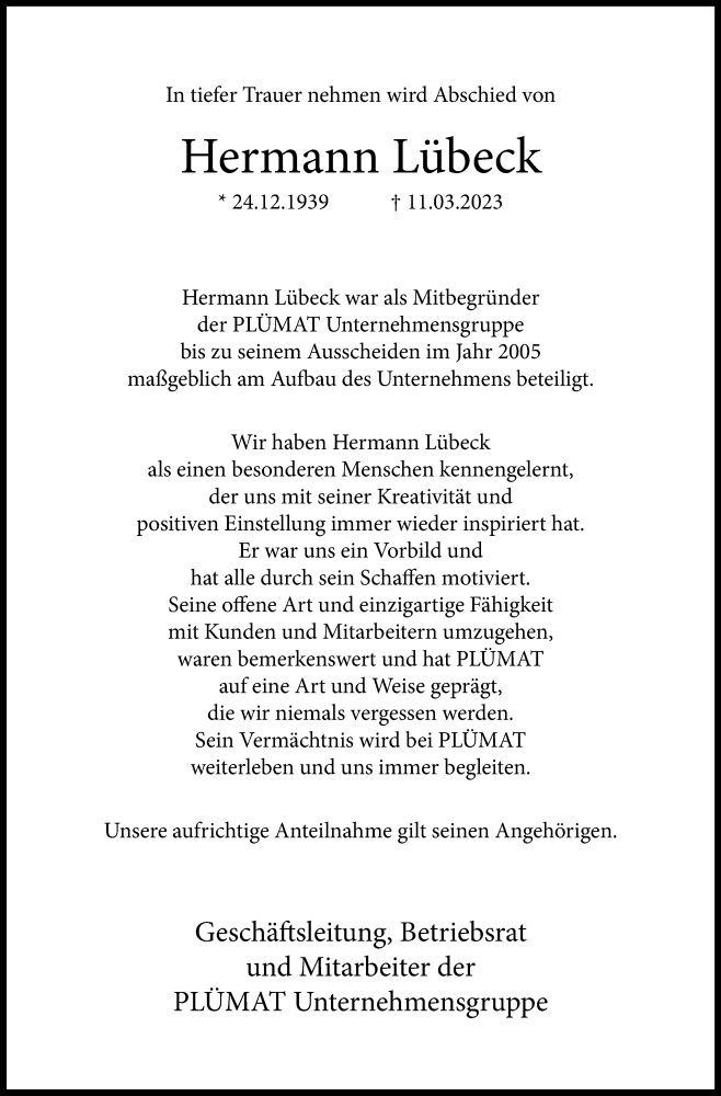  Traueranzeige für Hermann Lübeck vom 18.03.2023 aus Westfalen-Blatt