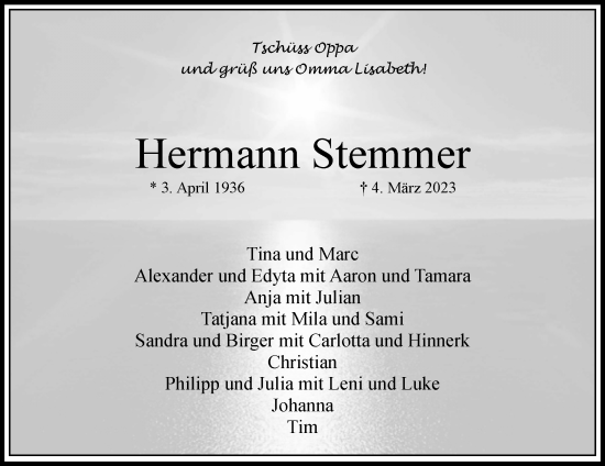 Traueranzeige von Hermann Stemmer von Westfalen-Blatt