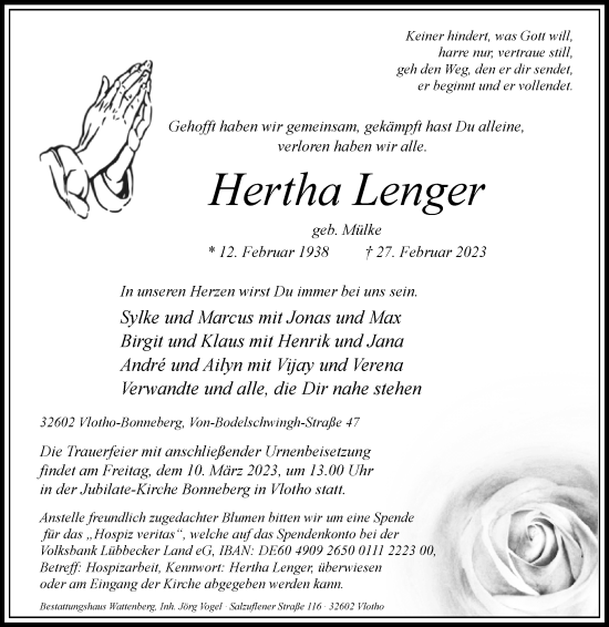 Traueranzeige von Hertha Lenger von Westfalen-Blatt
