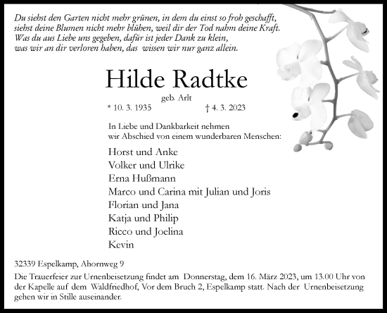 Traueranzeige von Hilde Radtke von Westfalen-Blatt