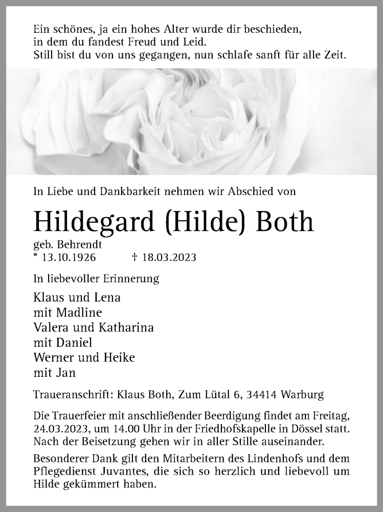  Traueranzeige für Hildegard  Both vom 21.03.2023 aus Westfalen-Blatt