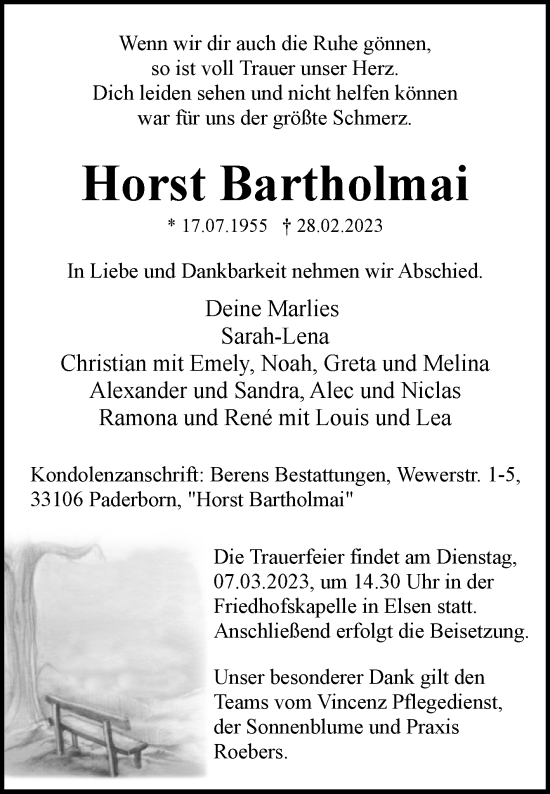 Traueranzeige von Horst Bartholmai von Westfalen-Blatt