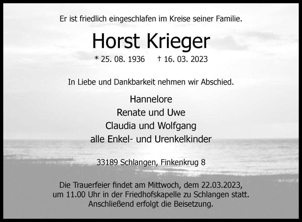  Traueranzeige für Horst Krieger vom 18.03.2023 aus Westfalen-Blatt