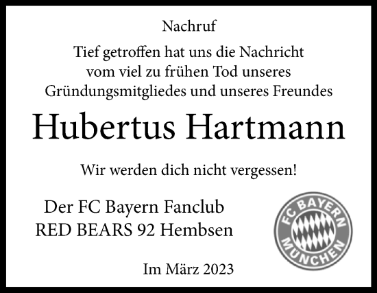 Traueranzeige von Hubertus Hartmann von Westfalen-Blatt