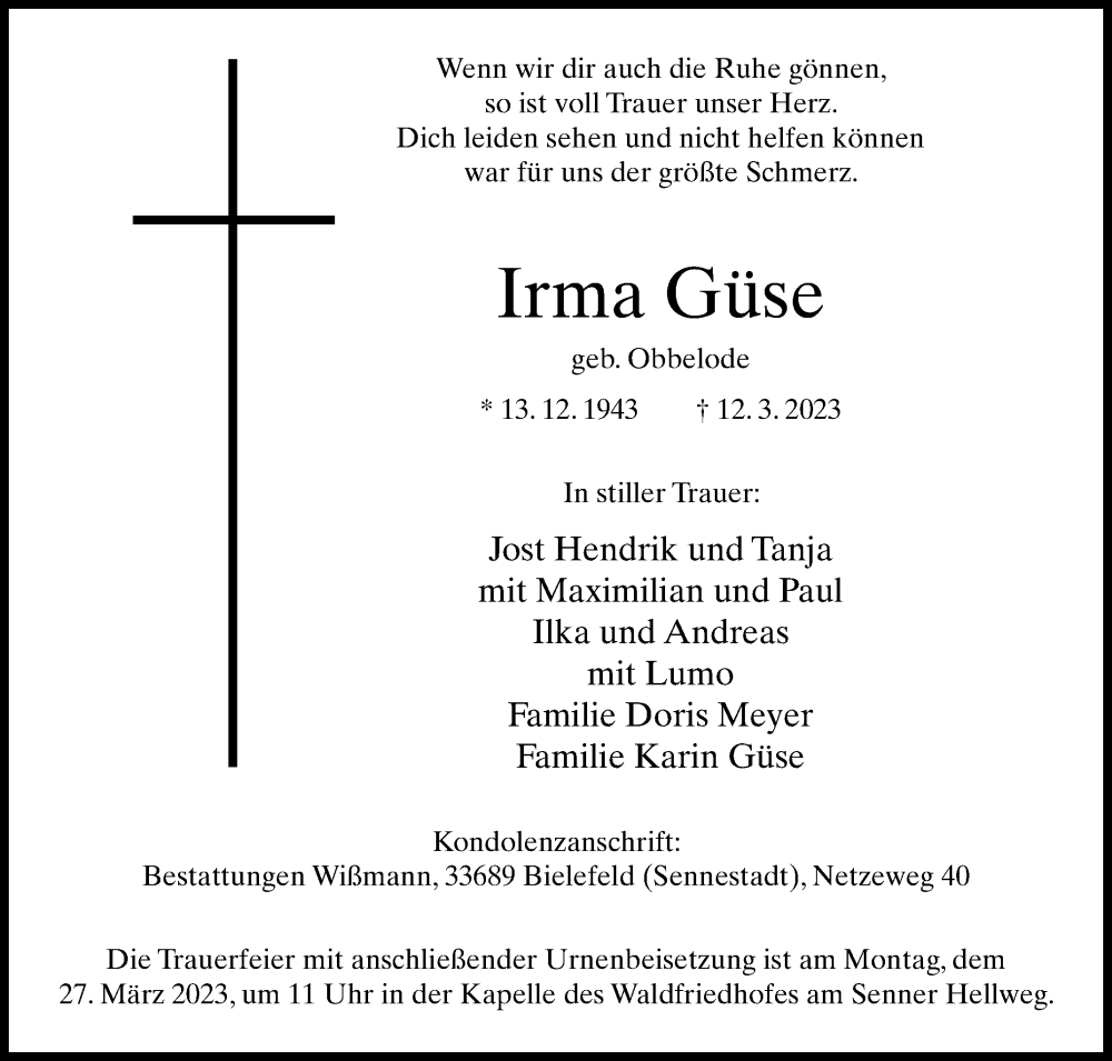  Traueranzeige für Irma Güse vom 18.03.2023 aus Westfalen-Blatt