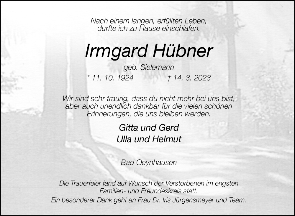  Traueranzeige für Irmgard Hübner vom 25.03.2023 aus Westfalen-Blatt