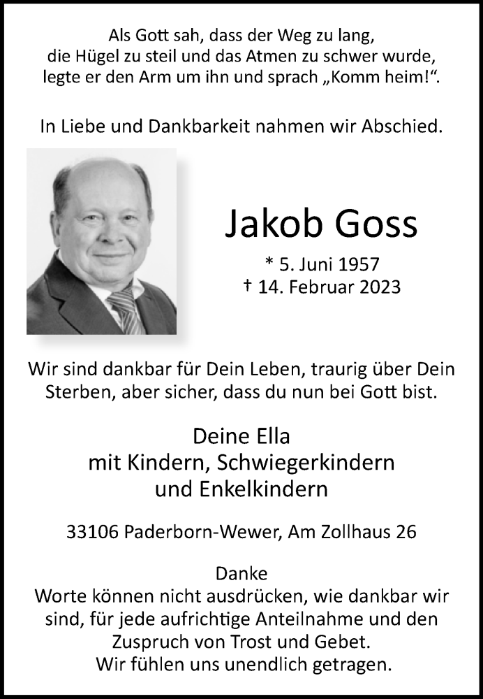 Traueranzeige für Jakob Goss vom 08.03.2023 aus Westfalen-Blatt