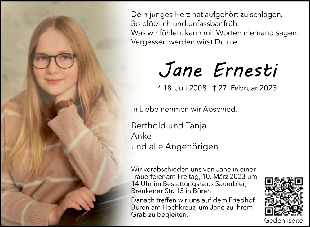  Traueranzeige für Jane Ernesti vom 04.03.2023 aus Westfalen-Blatt