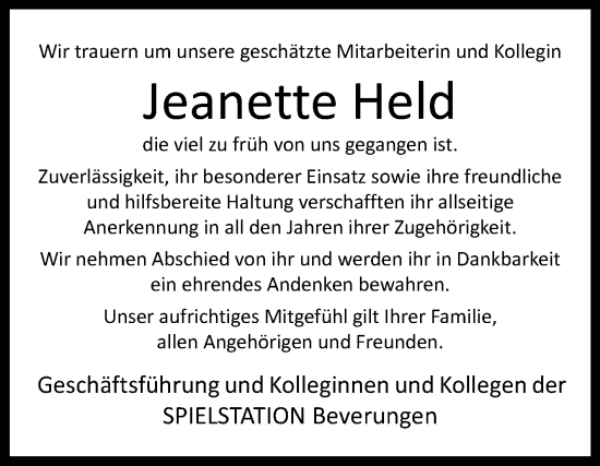 Traueranzeige von Jeanette Held von Westfalen-Blatt