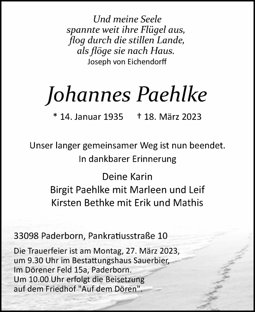 Traueranzeige für Johannes Paehlke vom 23.03.2023 aus Westfalen-Blatt