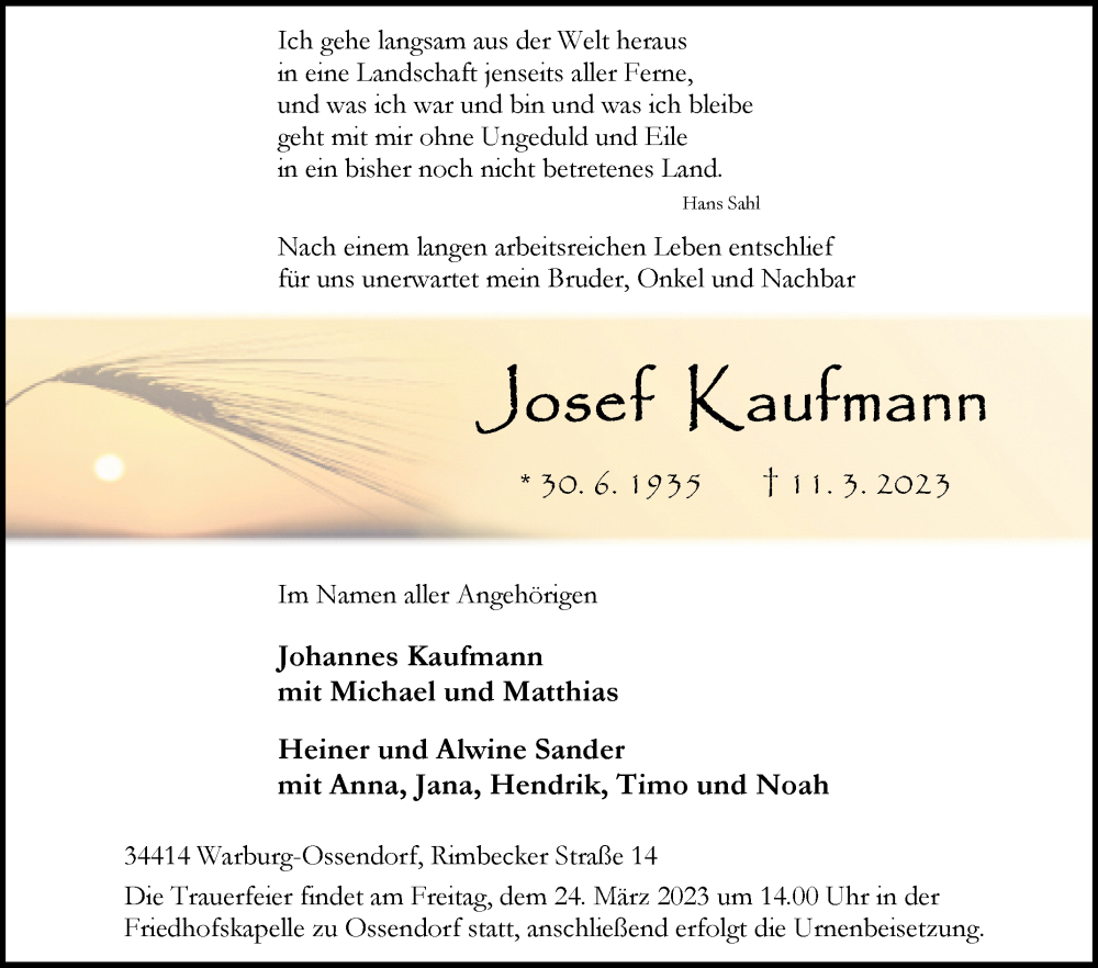  Traueranzeige für Josef Kaufmann vom 18.03.2023 aus Westfalen-Blatt