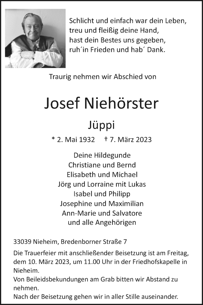  Traueranzeige für Josef Niehörster vom 09.03.2023 aus Westfalen-Blatt