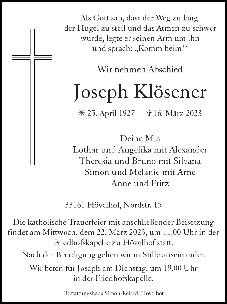  Traueranzeige für Joseph Klösener vom 18.03.2023 aus Westfalen-Blatt