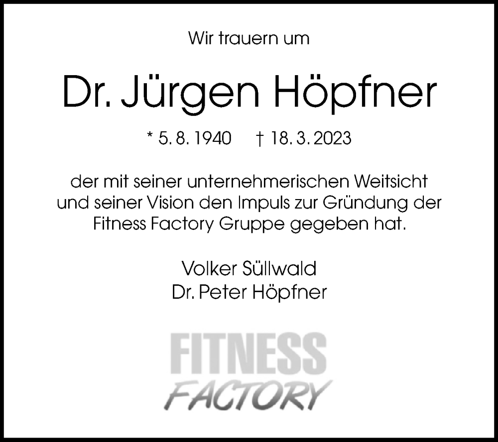  Traueranzeige für Jürgen Höpfner vom 22.03.2023 aus Westfalen-Blatt