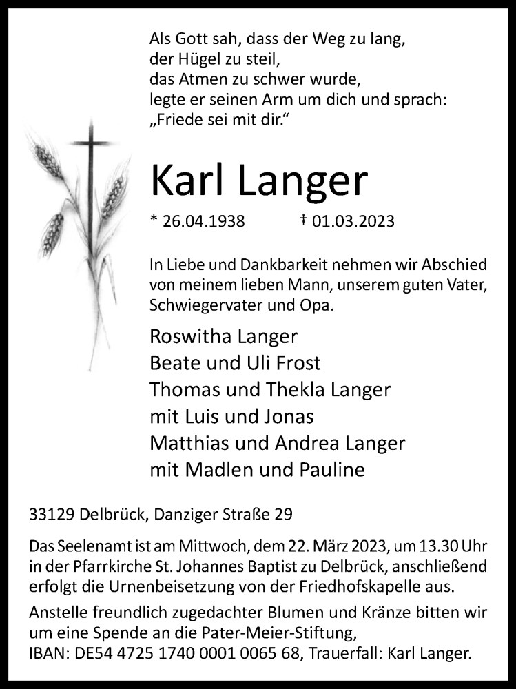  Traueranzeige für Karl Langer vom 18.03.2023 aus Westfalen-Blatt