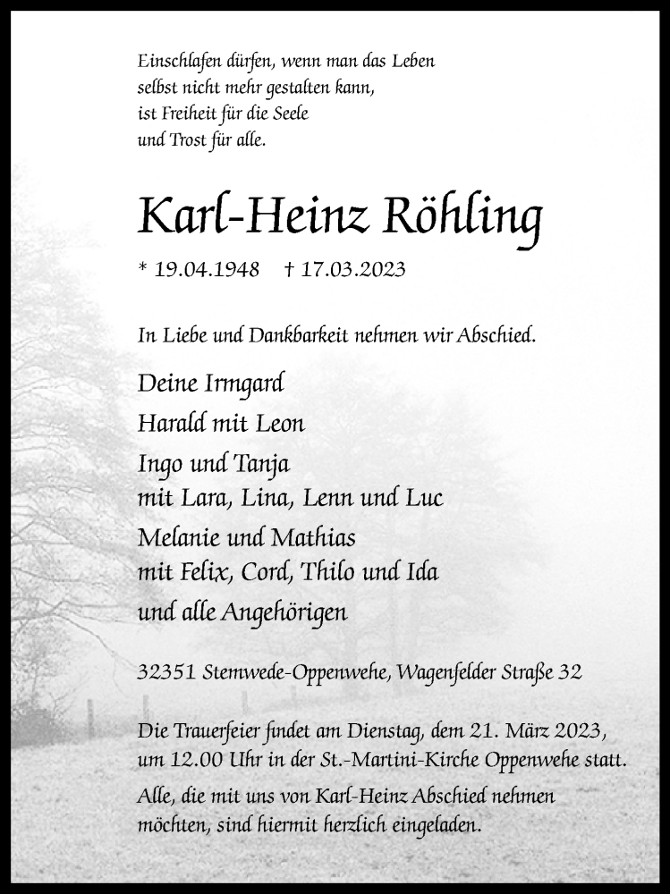  Traueranzeige für Karl Heinz Röhling vom 18.03.2023 aus Westfalen-Blatt