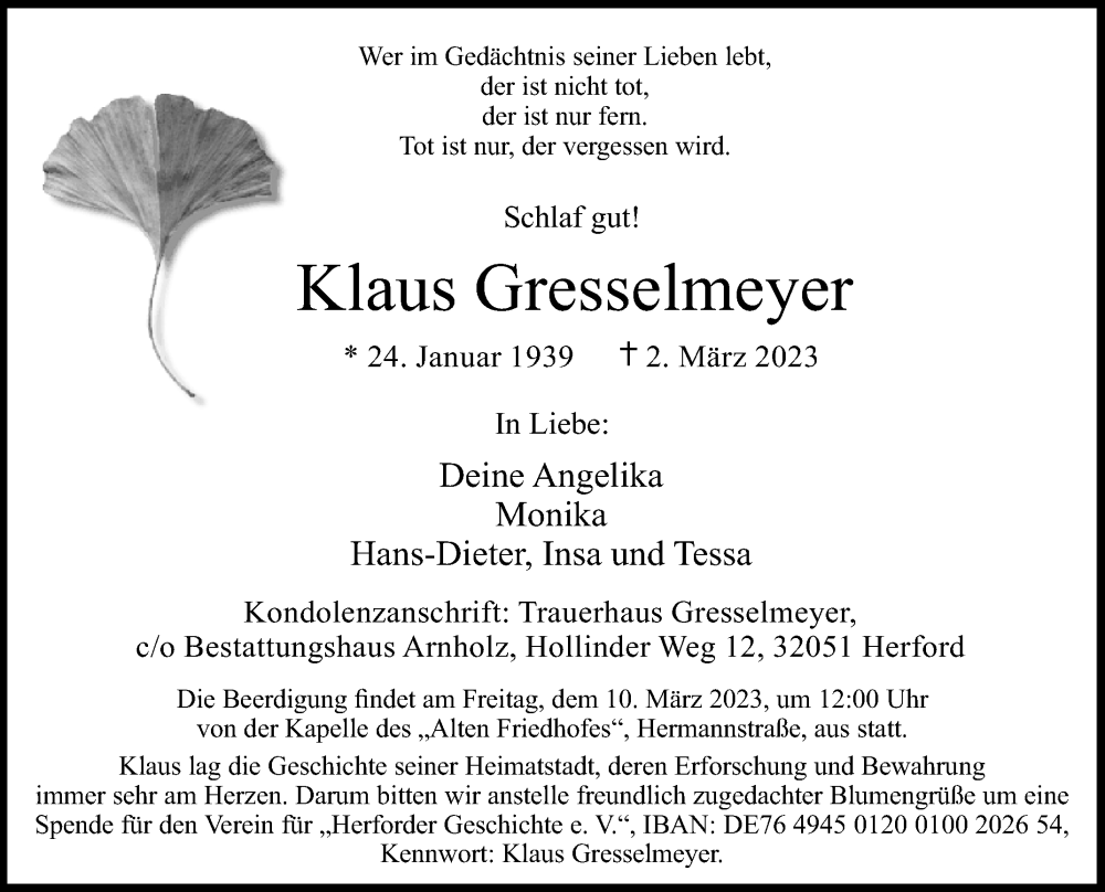  Traueranzeige für Klaus Gresselmeyer vom 07.03.2023 aus Westfalen-Blatt