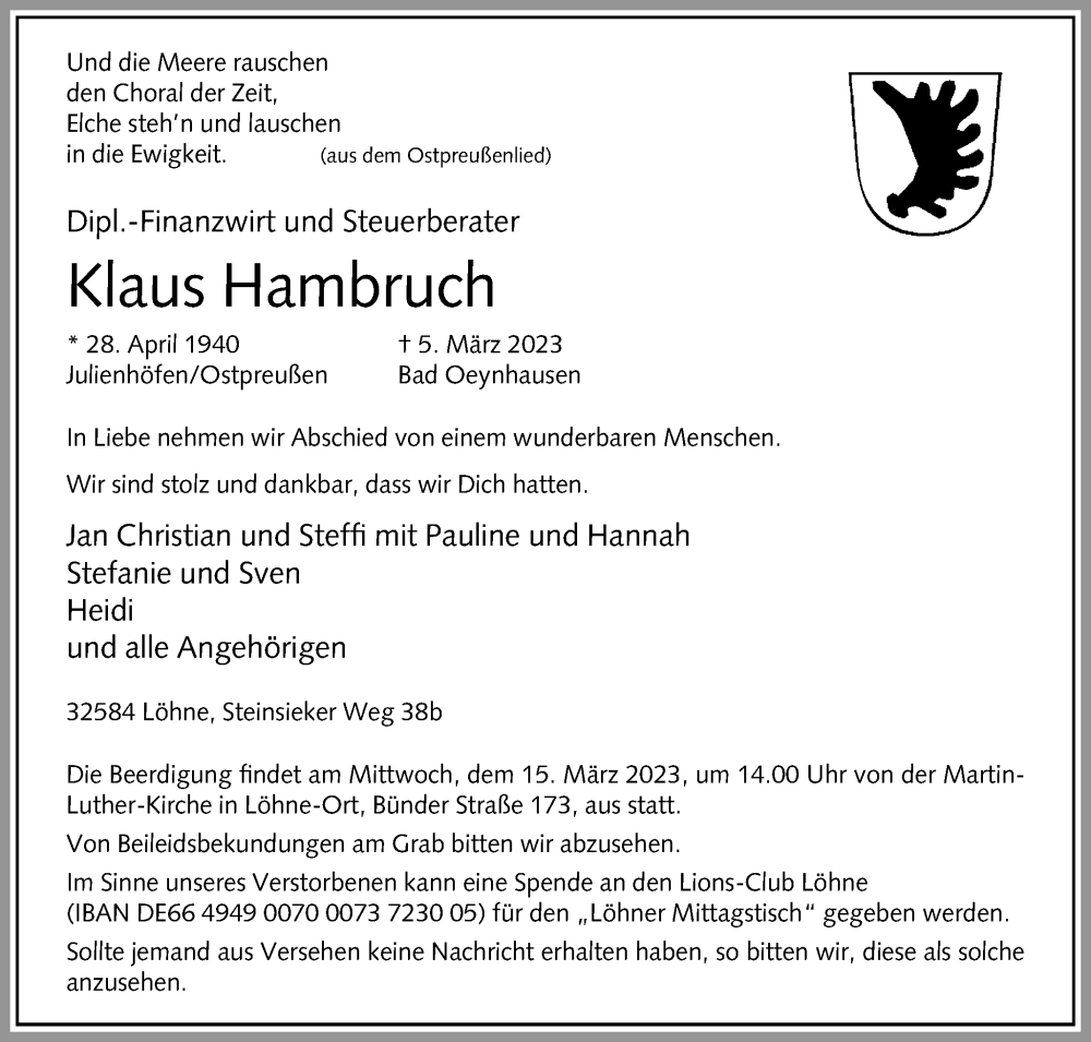  Traueranzeige für Klaus Hambruch vom 11.03.2023 aus Westfalen-Blatt