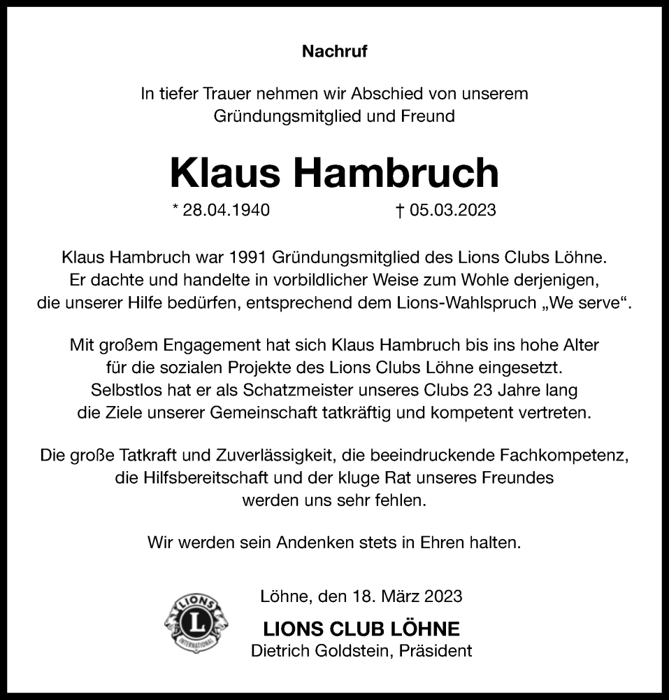  Traueranzeige für Klaus Hambruch vom 18.03.2023 aus Westfalen-Blatt