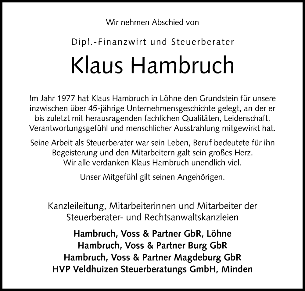  Traueranzeige für Klaus Hambruch vom 11.03.2023 aus Westfalen-Blatt