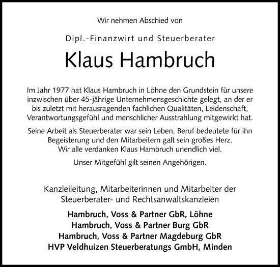 Traueranzeige von Klaus Hambruch von Westfalen-Blatt