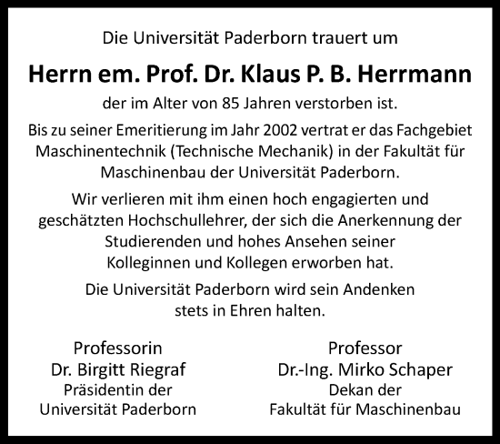 Traueranzeige von Klaus P. B. Herrmann von Westfalen-Blatt