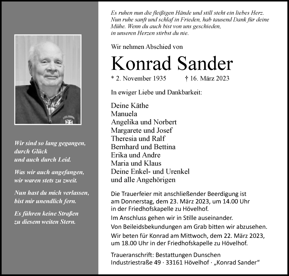 Traueranzeige für Konrad Sander vom 18.03.2023 aus Westfalen-Blatt