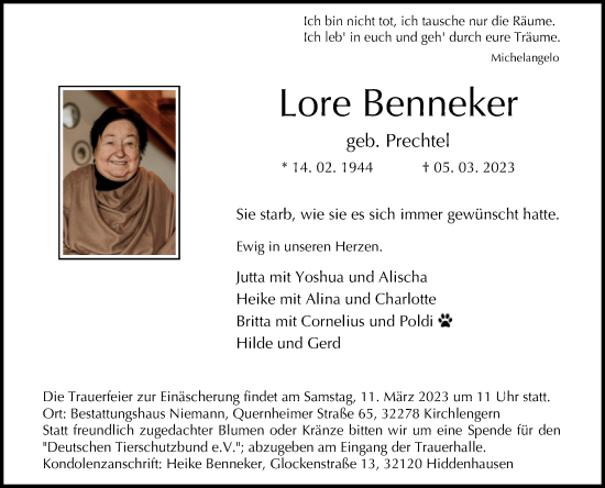 Traueranzeige von Lore Benneker von Westfalen-Blatt
