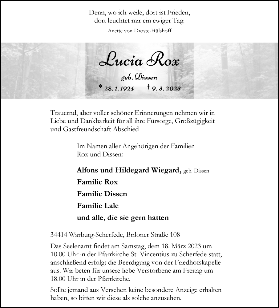  Traueranzeige für Lucia Rox vom 14.03.2023 aus Westfalen-Blatt
