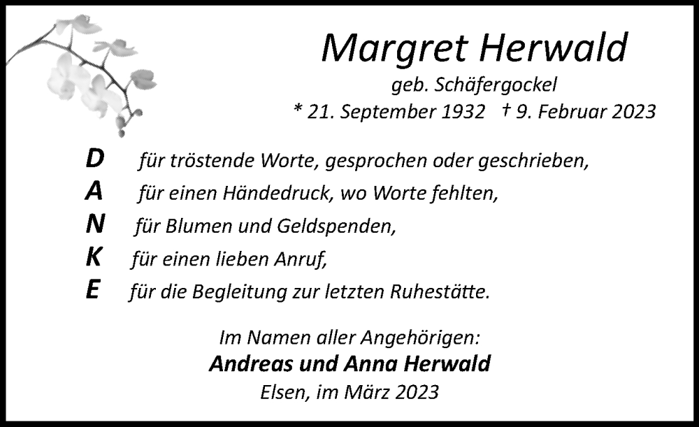  Traueranzeige für Margret Herwald vom 18.03.2023 aus Westfalen-Blatt