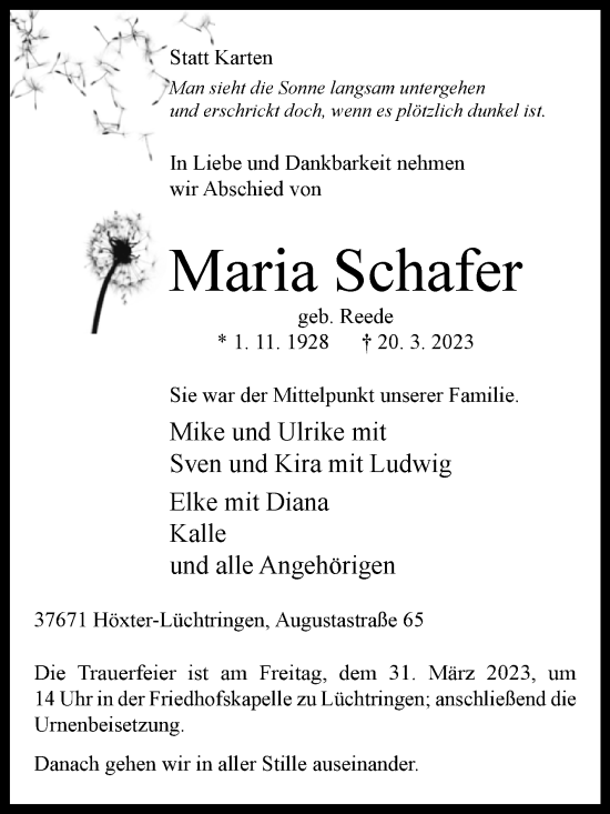 Traueranzeige von Maria Schafer von Westfalen-Blatt