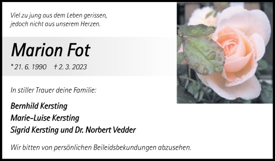 Traueranzeige von Marion Fot von Westfalen-Blatt