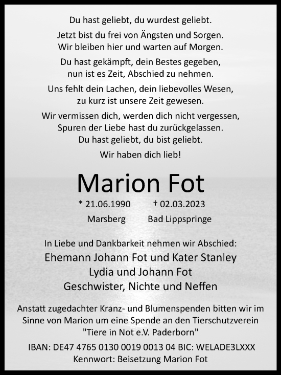 Traueranzeige von Marion Fot von Westfalen-Blatt