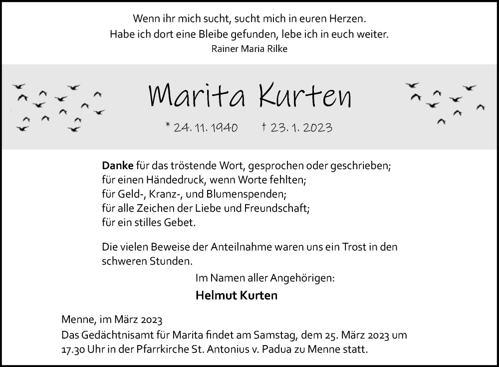  Traueranzeige für Marita Kurten vom 18.03.2023 aus Westfalen-Blatt