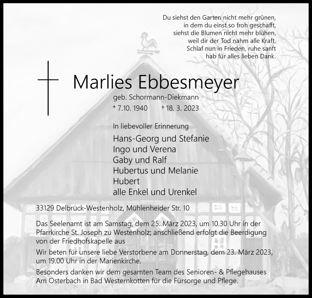  Traueranzeige für Marlies Ebbesmeyer vom 22.03.2023 aus Westfalen-Blatt