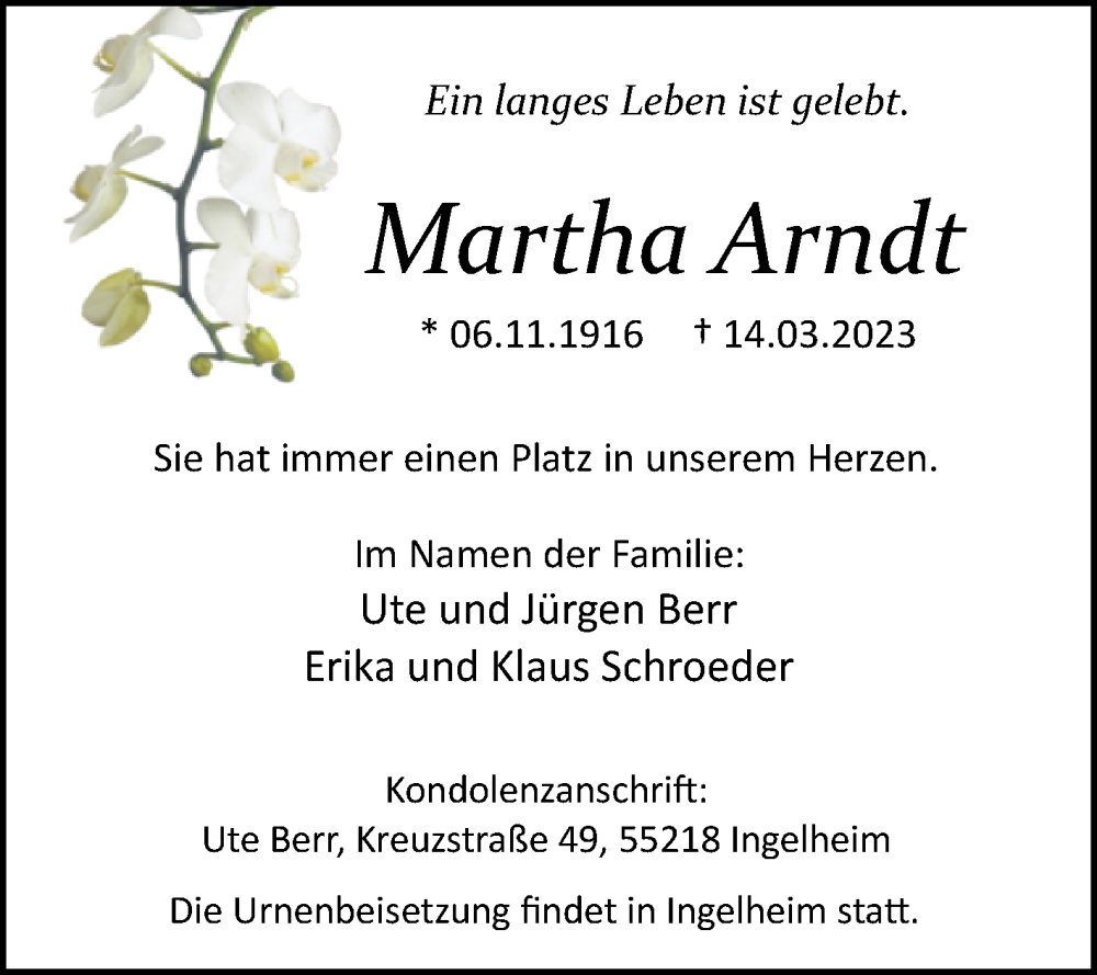  Traueranzeige für Martha Arndt vom 18.03.2023 aus Westfalen-Blatt