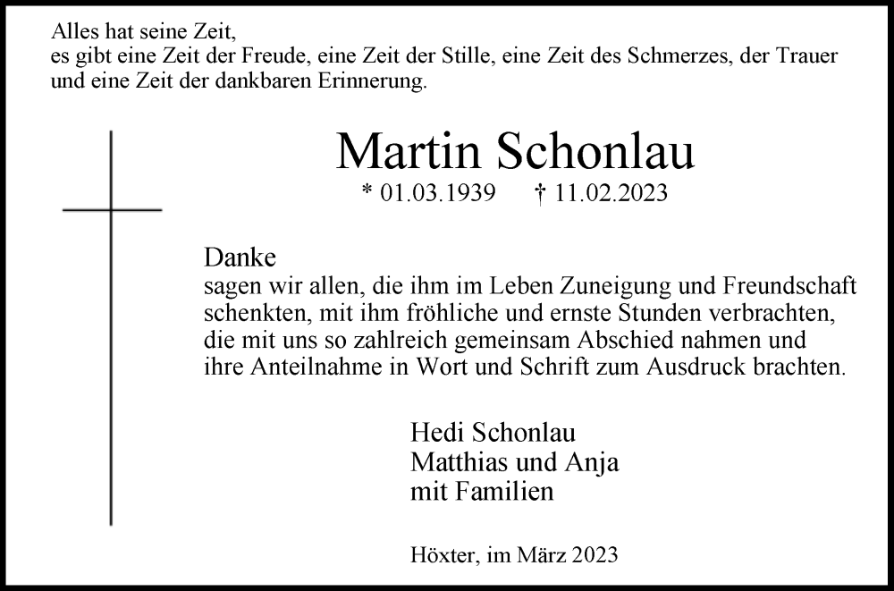  Traueranzeige für Martin Schonlau vom 24.03.2023 aus Westfalen-Blatt