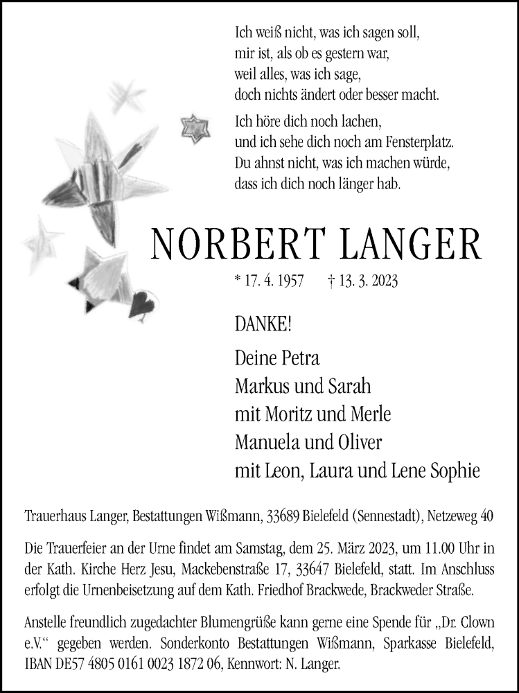  Traueranzeige für Norbert Langer vom 18.03.2023 aus Westfalen-Blatt