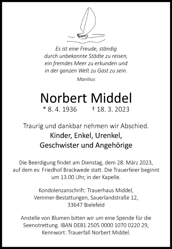 Traueranzeige von Norbert Middel von Westfalen-Blatt