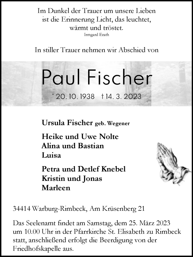  Traueranzeige für Paul Fischer vom 18.03.2023 aus Westfalen-Blatt