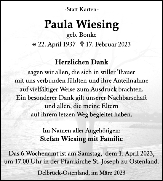 Traueranzeige von Paula Wiesing von Westfalen-Blatt