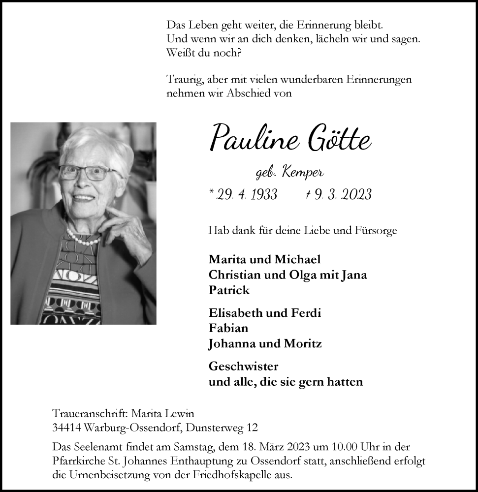  Traueranzeige für Pauline Götte vom 11.03.2023 aus Westfalen-Blatt