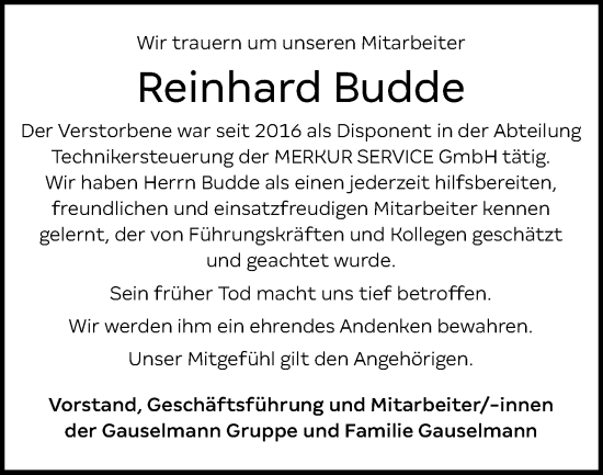 Traueranzeige von Reinhard Budde von Westfalen-Blatt