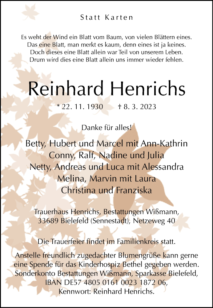  Traueranzeige für Reinhard Henrichs vom 11.03.2023 aus Westfalen-Blatt
