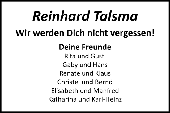 Traueranzeige von Reinhard Talsma von Westfalen-Blatt