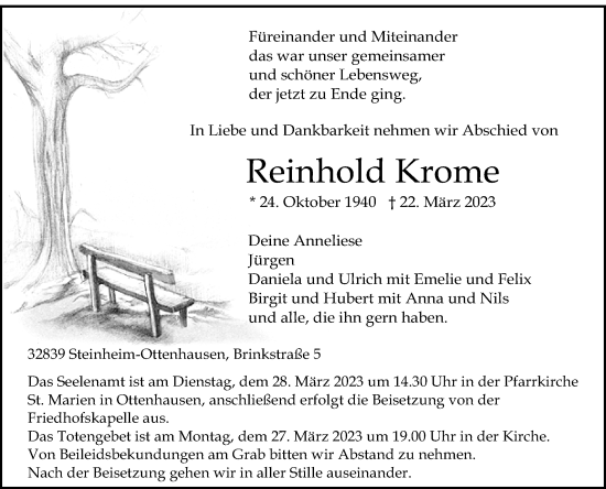 Traueranzeige von Reinhold Krome von Westfalen-Blatt