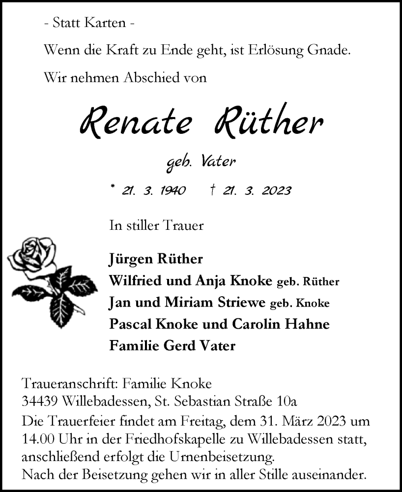  Traueranzeige für Renate Rüther vom 25.03.2023 aus Westfalen-Blatt