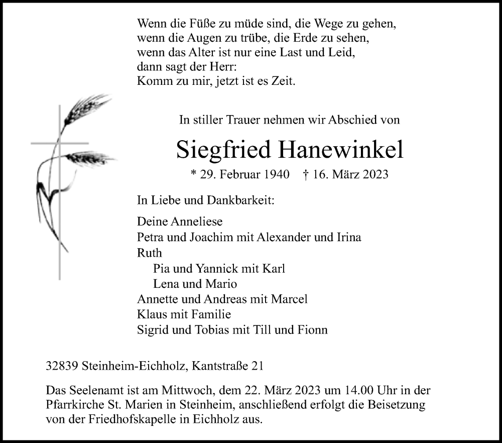  Traueranzeige für Siegfried Hanewinkel vom 18.03.2023 aus Westfalen-Blatt