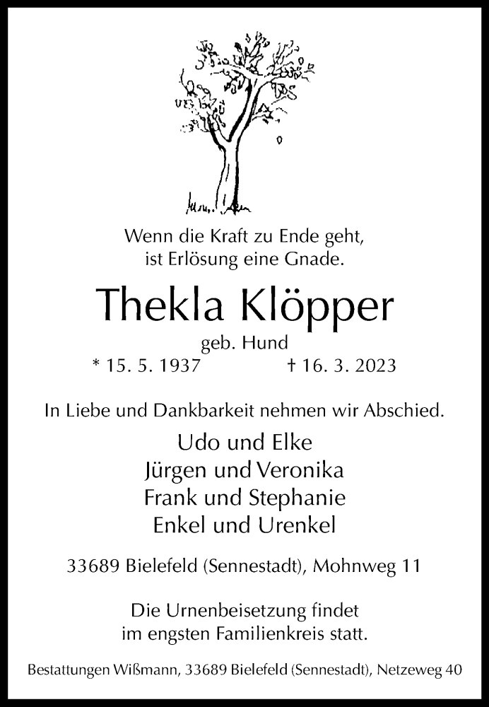  Traueranzeige für Thekla Klöpper vom 25.03.2023 aus Westfalen-Blatt